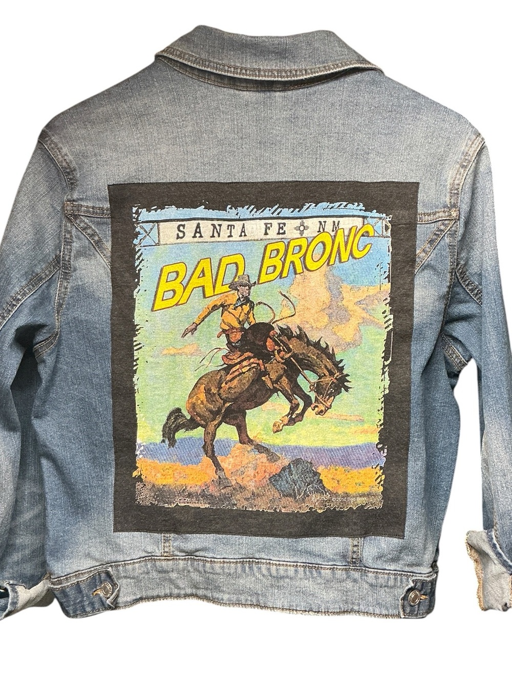 Western Upcycled Denim Jacket Graphic Horse Bad Bronc T Shirt Rodeo Cowgirl